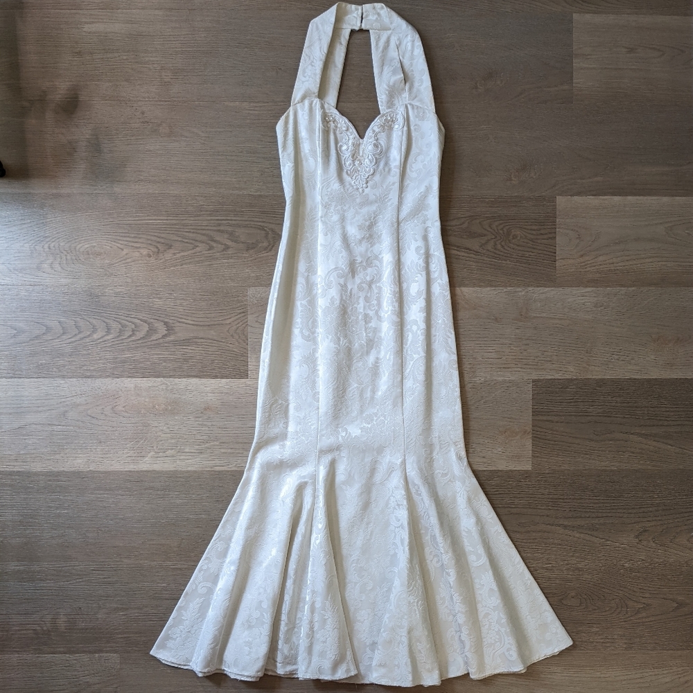 Gunne Sax Jessica McClintock Vintage 90s White Jacquard Mermaid Halter Dress